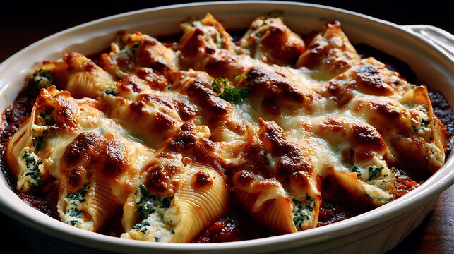 Baked jumbo pasta shells stuffed with ricocotta and spinach in tomato sauce