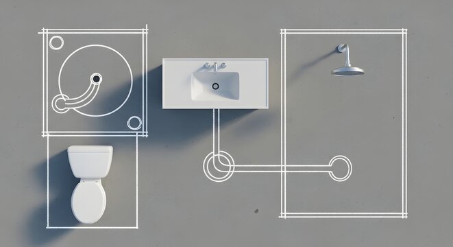 Overhead view of a bathroom plumbing plan with toilet, sink, and shower on a gray background with white outlines
