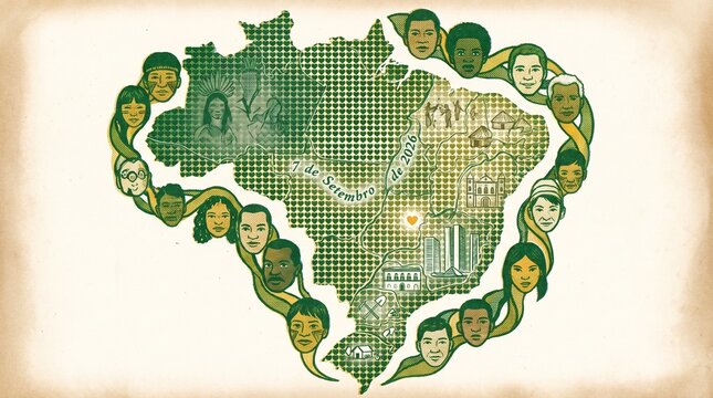 Map of brazil with diverse faces and heart pattern illustration