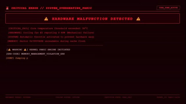 Critical System Overheating Panic Screen Showing Hardware Malfunction Detected Warning Message With Red Cyber Background Terminal Data Crash Logs.