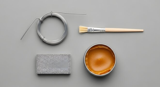 A collection of artistic tools and materials on a gray surface including a coil of wire a paintbrush a sponge and a bowl of brown paint