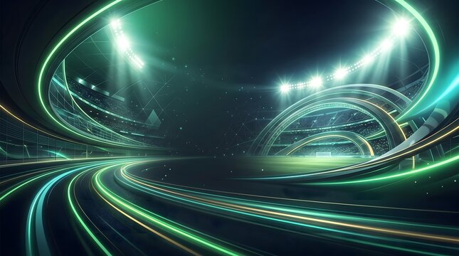Futuristic football stadium at night with glowing neon energy light trails