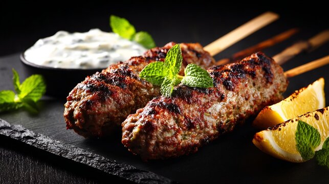 Grilled meat kofta skewers with white yogurt dipping sauce and fresh lemon wedges