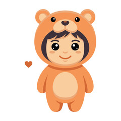 Fototapeta premium Cute Baby Wearing A Soft Teddy Bear Costume Suit With A Small Heart Icon On White Background