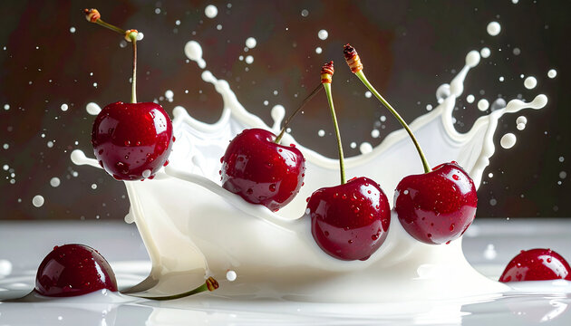 Cherries splash into milky liquid