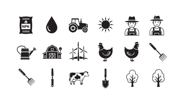 Set of black and white farm agriculture icons isolated on transparent background