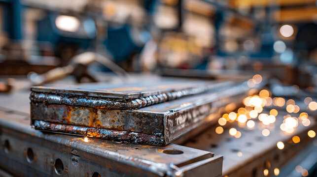 Close-up of a freshly welded metal joint showing a clean bead weld line, surface spatter, and heat discoloration on both sides of the joined steel plates, the industrial metalworking detail