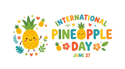 Fototapeta premium Cute International Pineapple Day vector illustration with tropical fruit cartoon icon and floral design