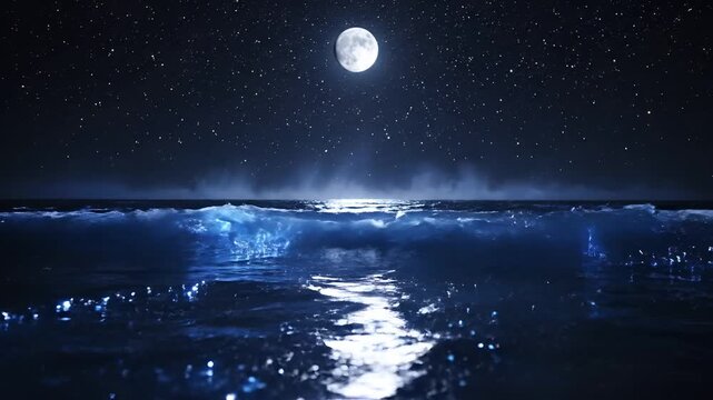 Serene Night Ocean Under Full Moon With Starry Sky.