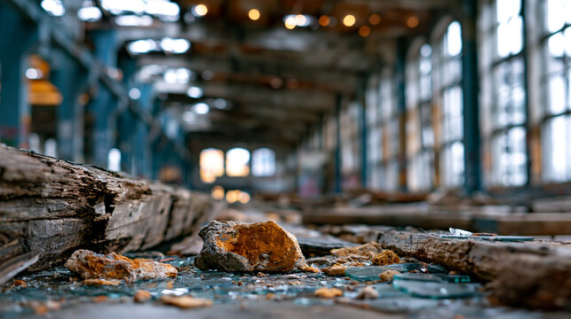 Atmospheric wide interior of an abandoned industrial factory building, deteriorating structural elements and broken windows creating a hauntingly beautiful architectural ruin, defocused