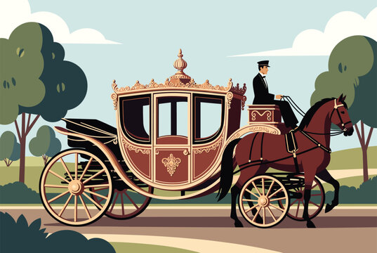 Luxurious vintage horse drawn carriage with a driver in formal attire traveling through a park with green trees under a blue sky.