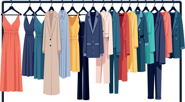 Fashion clothes hanging on a garment rack vector illustration featuring modern colorful dresses suits and coats on white background