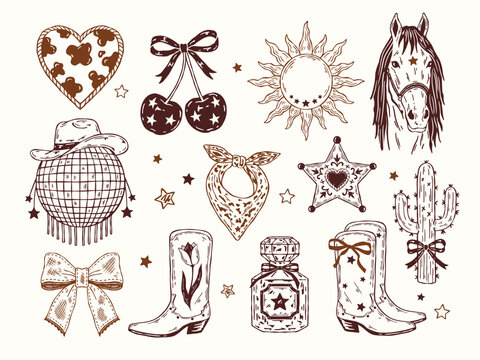 Hand-drawn western cowgirl vector set with bandana, cactus with bow, horse head, western perfume, disco ball cowboy hat, boots, cherries and heart cow print in whimsical doodle style