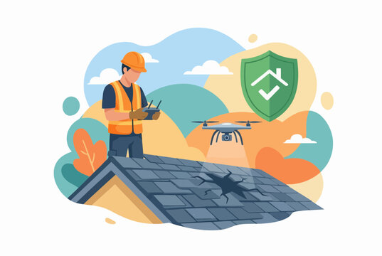 Professional Roofer Using Drone for Home Insurance Roof Inspection