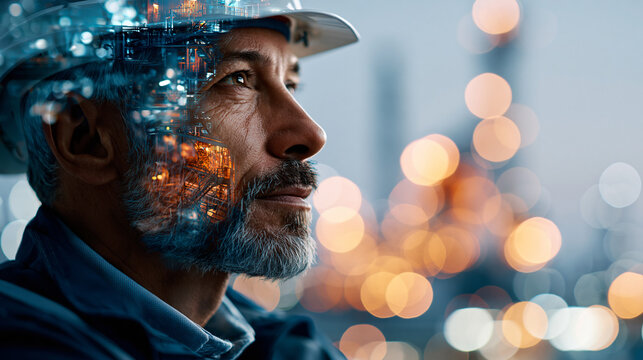 Double-exposure concept image of a professional engineer wearing a safety helmet overlaid with an oil refinery industrial plant background, the creative composition representing the dual