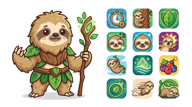 Cute Chibi Sloth Druid Character and Game Skill Icons Set featuring forest mage sloth with wooden staff, leaf armor and twelve square ability icons for mobile game interface design.