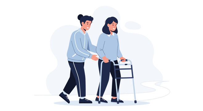 Caregiver assisting elderly woman with walker, support and mobility concept