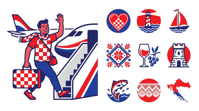Flat vector illustration of a man boarding a plane with checkered luggage and scarf, including icons of a heart, lighthouse, sailboat, wine, fish, and the map of Croatia.