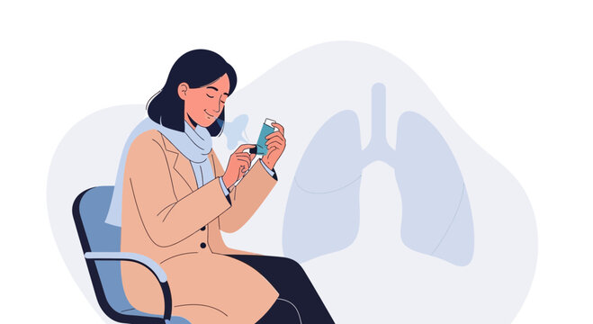Woman using an inhaler with lung illustration