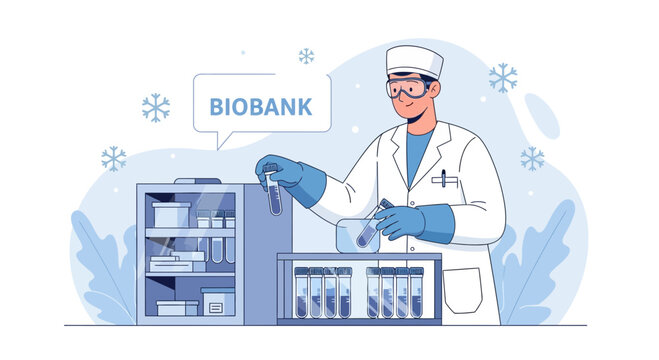 Scientist working in biobank, cold storage, research laboratory, science illustration