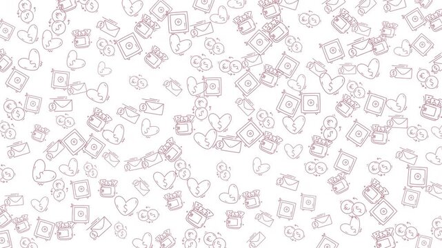 Repeating handdrawn icons of envelopes and heart shapes ideal for valentines day cards, love notes, communication concepts, romantic designs.