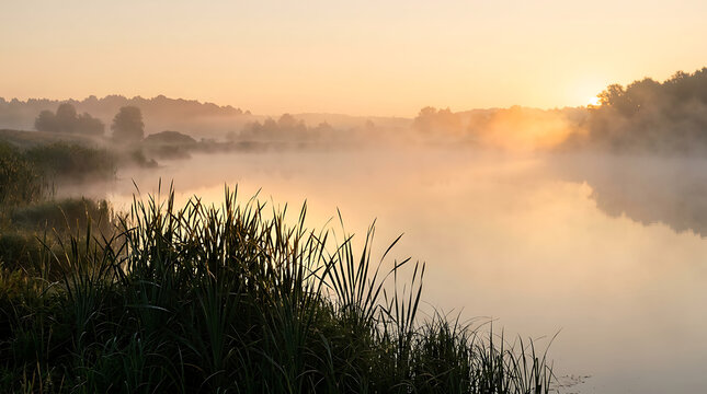 Serene river landscape at sunrise with mist and reeds