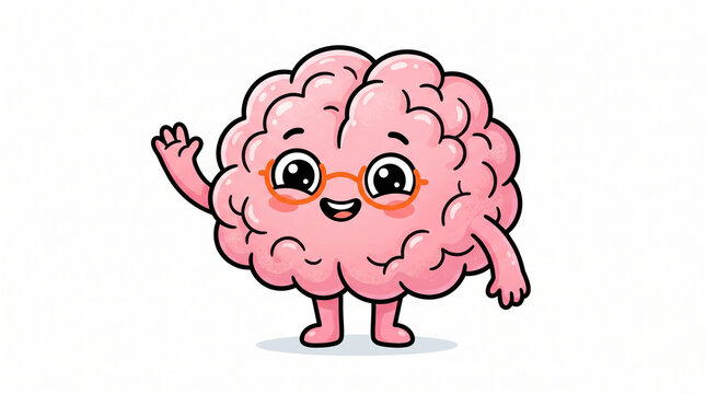 Adorable brain mascot cartoon character waving with cheerful expression and cute anatomy style. Educational vector illustration perfect for medical content, healthcare branding, science education, psy