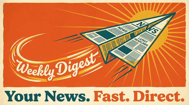 Retro style poster showing a paper airplane made of newspaper flying with "Weekly Digest" and "Your News. Fast. Direct." text