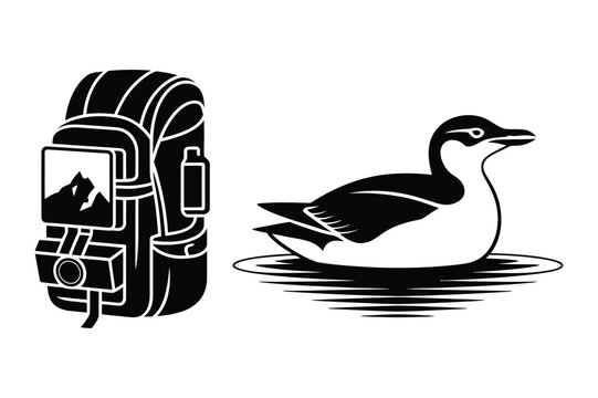 Hiking backpack with camera and swimming common murre bird vector illustration