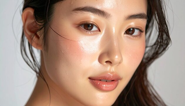 保湿美容で叶えるもちもちガラス肌と健康的な潤い / Japanese Young Woman Glass Skin &mdash; Ultra-Plump Hydrated Dewy Complexion, Moisturizing Serum Skincare, Natural Glow Beauty Commercial, Cinematic Half-Side Portrait, Ultra-Reali