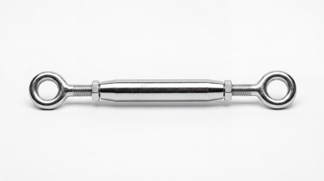 Shiny metal turnbuckle hardware tool captured in a studio photo presented here on white background