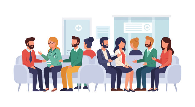 Diverse patients wait in a modern clinic waiting room with doctor