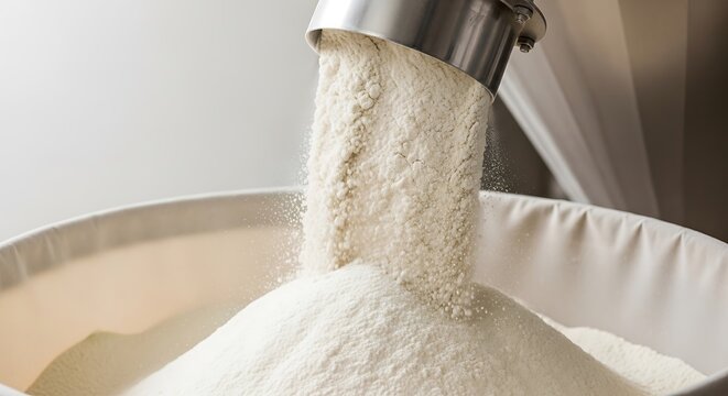 Pure white ingredient, possibly flour or sugar, cascading from a metal processing chute into a large industrial container, showcasing bulk material handling in a clean environment