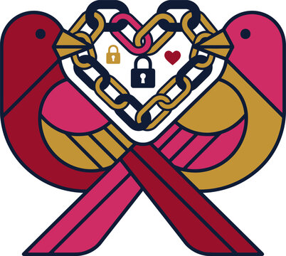 Colorful heart shaped padlocks with chains and birds forming heart shape symbol