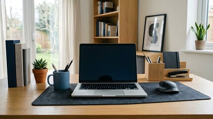 Fototapeta premium Modern Home Office Setup with Laptop, Plants, and Accessories on Wooden Desk.