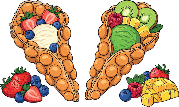 Delicious bubble waffle cone with vanilla ice cream strawberries blueberries and kiwi mango fruit waffles vector illustration isolated