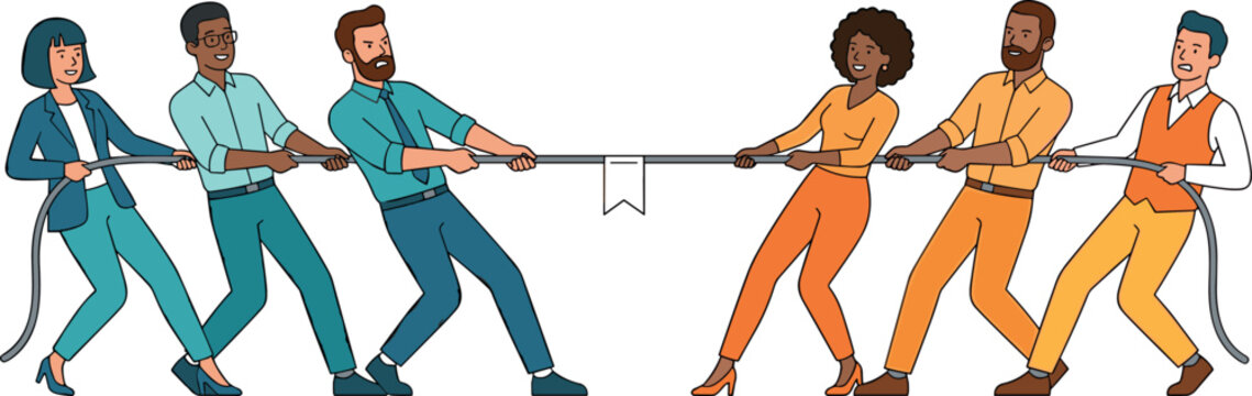 Diverse business corporate team pulling rope in tug of war game for competitive market dominance strategy concept vector illustration