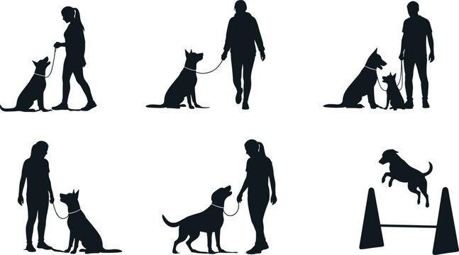 Dog training vector icon set with owners handlers and puppies for obedience school canine agility competition design elements