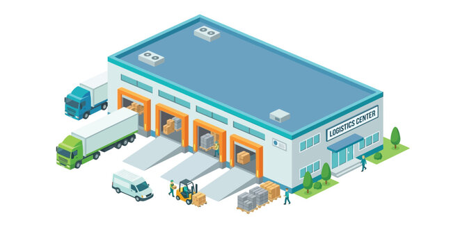 Logistics center illustration with trucks and forklifts isometric view