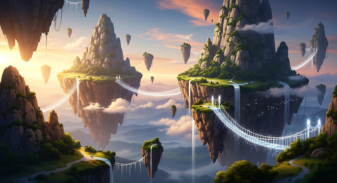 Epic Fantasy World Environment Artwork with Floating Mountains and Waterfalls