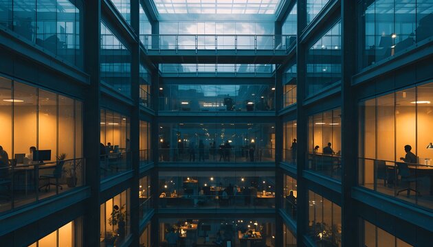 Multi-story modern office building interior with illuminated workspaces