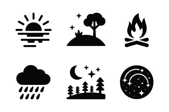 Nature and weather icon set with sunrise night sky rain fire landscape elements
