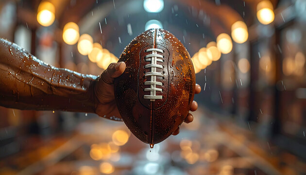 American football held in wet hand