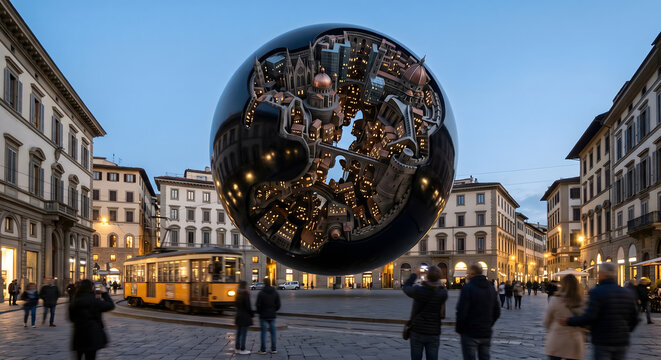 Floating inverted city sphere in plaza detail
