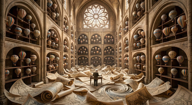 Man watching swirling map vortex library landscape
