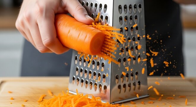 Close-up of a hand grating a fresh carrot on a metal grater.