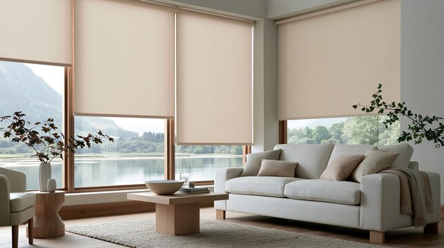 Modern bright living room with light fabric sofa neutral roller blinds on large wooden frame window overlooking calm lake and mountain natural landscape
