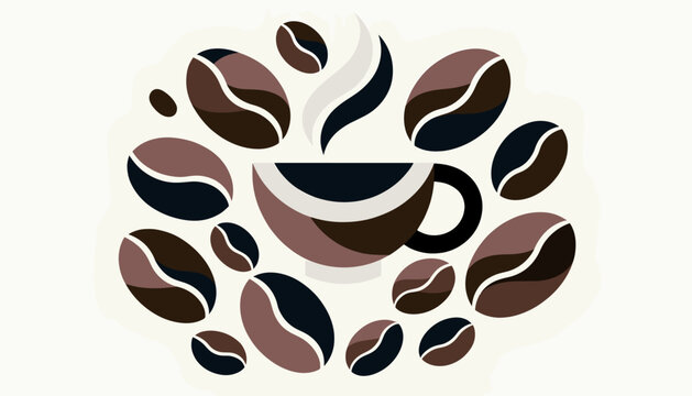 A stylized illustration of a steaming cup of coffee surrounded by numerous coffee beans, artfully arranged in a circular pattern.