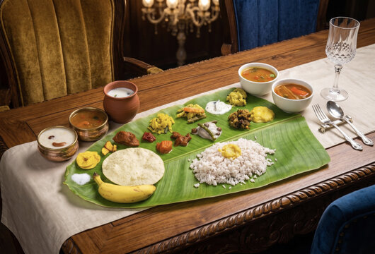 Elaborate Kerala Onam Sadya Feast on Banana Leaf - Generative AI
