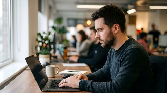 Focused professional man working on laptop in modern office environment near window.